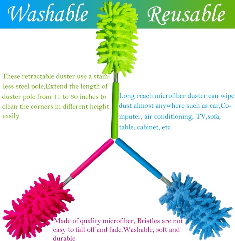 M-Jump 3 Pack Retractable Long-Reach Washable Duster for Cleaning, Microfiber Hand Duster Brush with Telescoping Pole for Cleaning Car, Window, Furniture, Office - Image 5